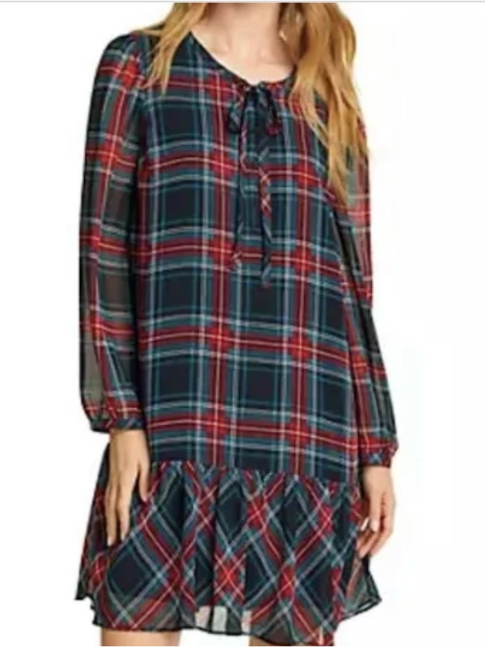 Draper James Plaid Rosanne Long Sleeve Flounce Plaid Shift Dress Sz L